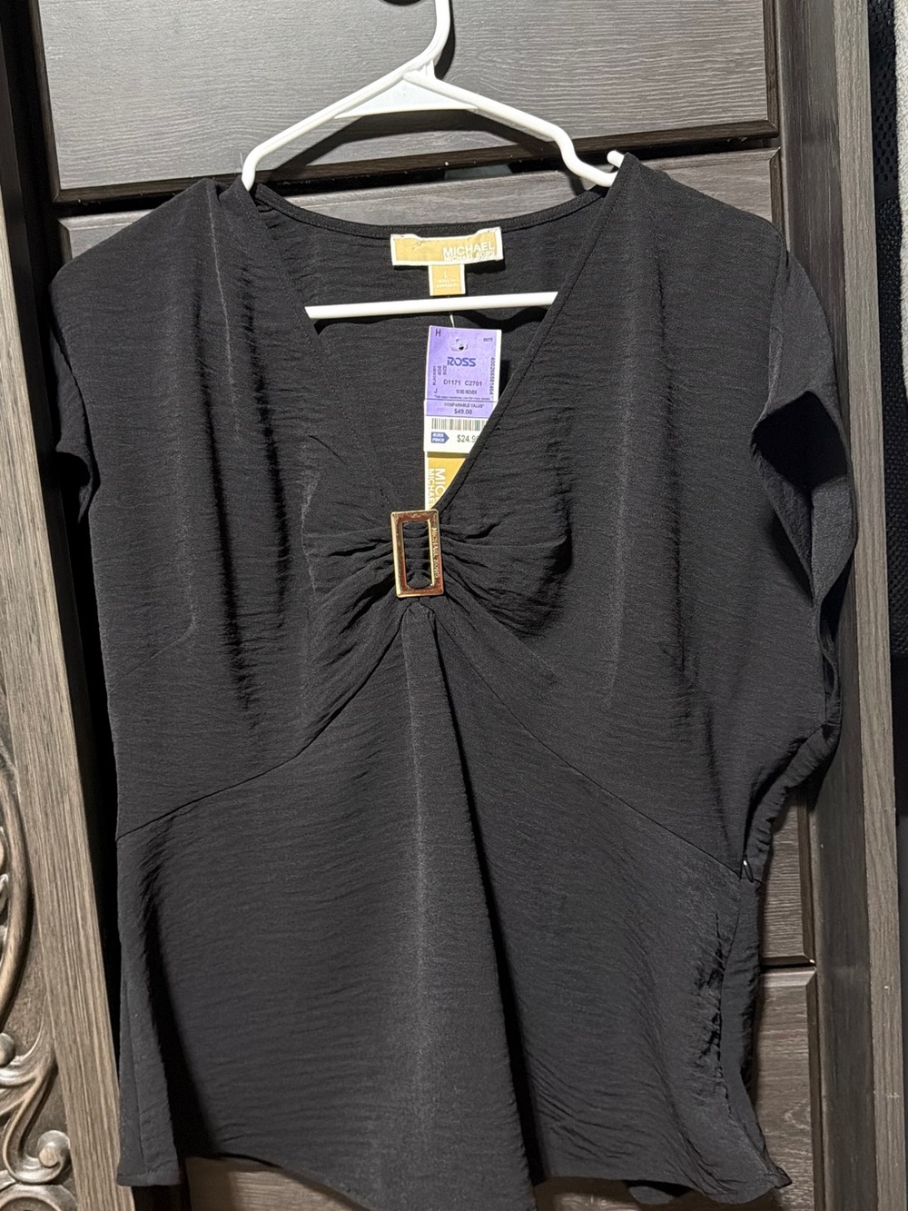 Michael Kors Black Short Sleeve V-Neck Top with Gold Buckle